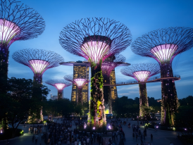 Gardens by the Bay Supertrees light show with crowds on lawn at night