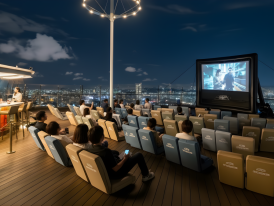 Outdoor movie screening setup at Marina Bay with people on picnic mats