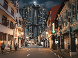 Well-lit Singapore street at night with pedestrians and shops open