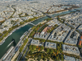 Aerial view of Paris arrondissements from Seine River center