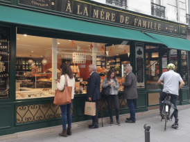 Morning bread queue at Rue Cler bakery with locals chatting