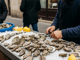 Oyster vendor shucking fresh shellfish on ice at Rue Montorgueil