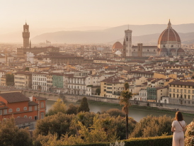 Dawn light over Piazzale Michelangelo with Arno and hills