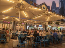 Golden hour at busy Lau Pa Sat hawker centre