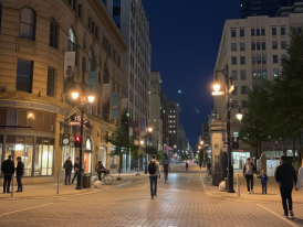 Quartier des Spectacles at dusk with outdoor lights and crowds gathering