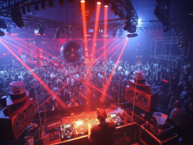 Dark club interior with DJ booth and crowded dance floor