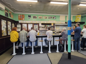 Wilensky's counter interior, vintage stools lined up