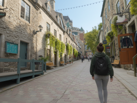 Historic stone buildings and narrow cobblestone streets in Old Québec City