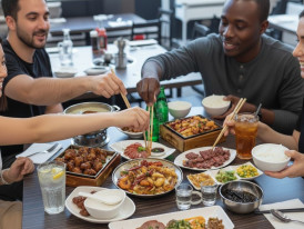 A family-style dining spread with dishes placed in the center for sharing