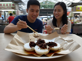 Steamed chwee kueh topped with preserved radish at market stall
