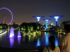 Illuminated lantern display at Gardens by the Bay with Super Tree backdrop