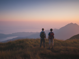 Sunrise view from Lantau Peak with cloud cover below and distant islands