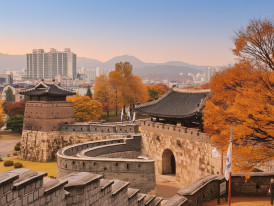 Suwon Hwaseong fortress wall at dusk