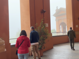 People walking under porticos in the rain