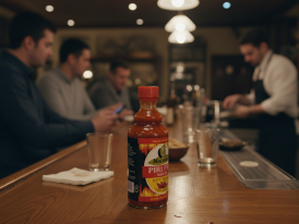 Squeeze bottle of piri piri on a bar counter