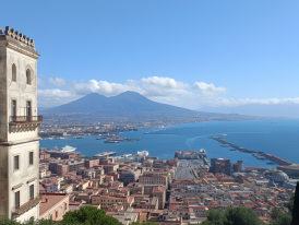 Royal Palace terrace with stone balustrade and bay view in afternoon light