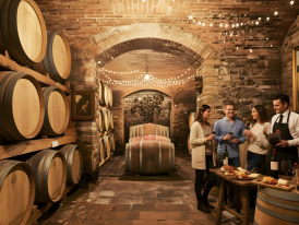 Stone wine cellar with tuff walls, wine racks, and a candle-lit table