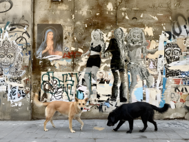 Three-panel collage of tuff tunnel, cloister tiles, and street art mural