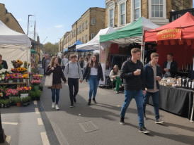 Broadway Market stalls with shoppers on a sunny day