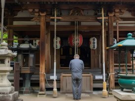 Elderly man praying at a traditional Japanese shrine, bowing before the altar