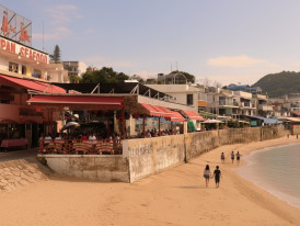 Waterfront seafood restaurants and sandy beach at Sok Kwu Wan on Lamma Island, Hong Kong