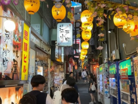 Narrow alley in Omoide Yokocho, Shinjuku, lined with lanterns and small bars