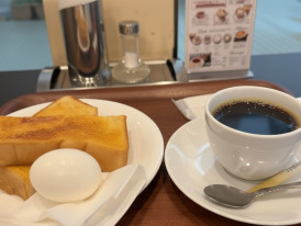 Classic kissaten breakfast set with toast, boiled egg, and coffee in Osaka