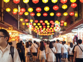 Crowded Temple Street Night Market in Hong Kong at night