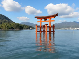 Floating torii gate of Itsukushima Shrine at high tide on Miyajima Island