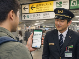 Traveler using a translation app to communicate with a local in Japan, showing how to manage language barriers