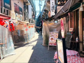 Narrow Tokyo side street with small food stalls and lanterns beneath elevated train tracks during the day