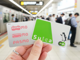 Suica and PASMO IC cards held inside a busy Japanese train station platform