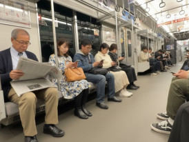 Quiet Japanese commuter train with passengers sitting silently, reflecting public transport etiquette in Japan