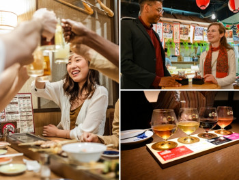 Travelers enjoying drinks on a food tour in Kyoto, Japa