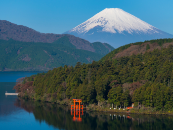 View of Lake Ashi with Mount Fuji covered with snow in