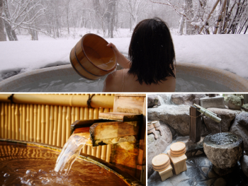 Woman in a hot spring bath, water flowing into a bath,