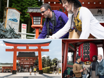 Tourists on a guided tour of historical buildings in Ja