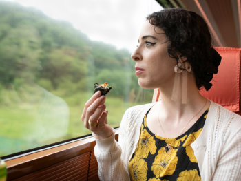 Woman on a train in Japan