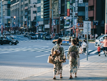 Women wearing kimonos walking in the city, Nihombashi, Women wearing kimonos walking in the city, Nihombashi,