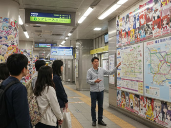 Local host explaining train system with anime advertisements visible Local host explaining train system with anime advertisements visible