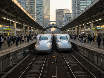 Morning scene at Osaka Station with commuters and shinkansen trains Morning scene at Osaka Station with commuters and shinkansen trains