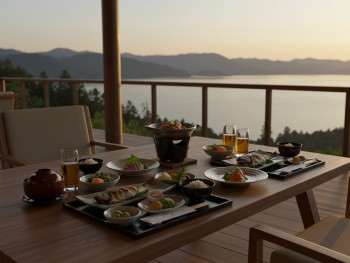 Traditional Japanese meal featuring Lake Biwa specialties served on a terrace with lake views