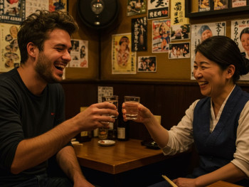 guest laughing with host over sake osaka guest laughing with host over sake osaka