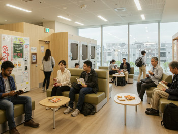 Capsule hotel common area with travelers. Capsule hotel common area with travelers.