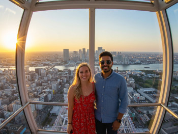 Couple enjoying view from Tempozan Ferris Wheel. Couple enjoying view from Tempozan Ferris Wheel.