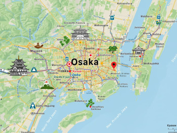 Map showing Osaka's central location with nearby destinations. Map showing Osaka's central location with nearby destinations.