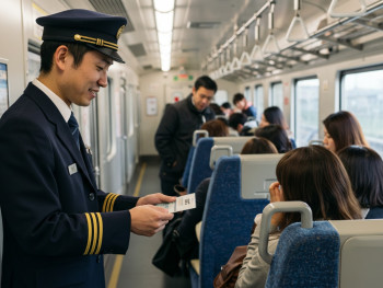 Train conductor checking JR passes Train conductor checking JR passes