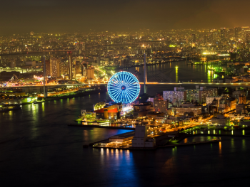 Tempozan Harbor Village with ferris wheel and harbor views near Osaka Aquarium Tempozan Harbor Village with ferris wheel and harbor views near Osaka Aquarium