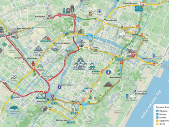 Map showing walking routes connecting major Osaka attractions with neighborhood discoveries along the way Map showing walking routes connecting major Osaka attractions with neighborhood discoveries along the way