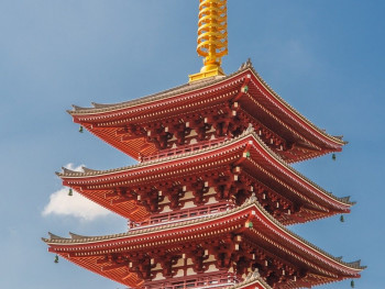 The five-story pagoda of Shitennoji Temple rising above traditional temple buildings. Image by The five-story pagoda of Shitennoji Temple rising above traditional temple buildings. Image by